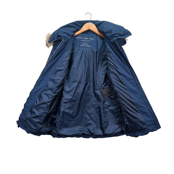 Women's Andrew Marc New York Long Fur Hooded Parka Blue Jacket Quilted S Coat - Picture 3 of 5